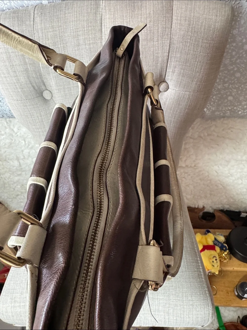 kate spade Brown and Cream Leather Tote with Faux Fur-Trim Gloves - Picture 5 of 5